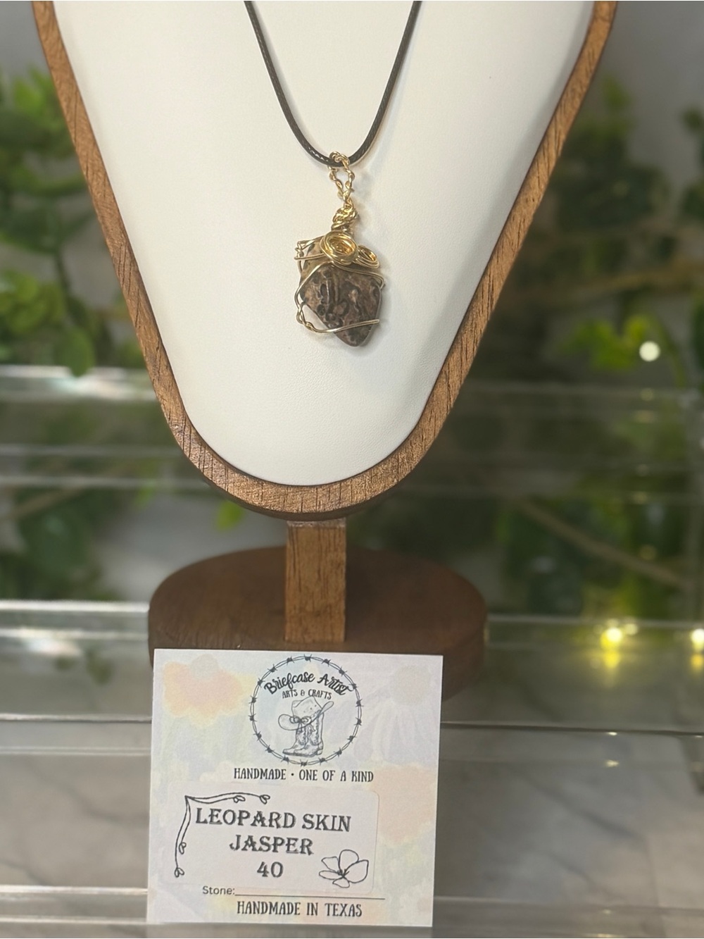 Handmade Leopard Skin Jasper Pendant 20” Brown Leather Cord Texas Gift